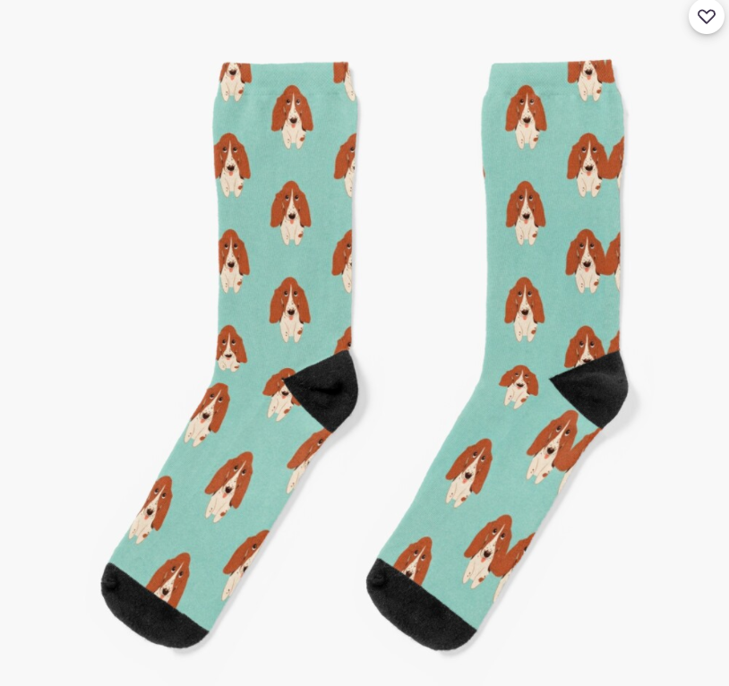 Red and White Basset Socks on Turquoise